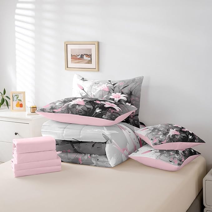 Feelyou Girls Lily Flower Comforter Set with Sheets Full Size 7 Pieces Kids Pink Floral Bedding Set for Boys Women Teens Simple Modern Abstract Art Bed in a Bag Room Decor