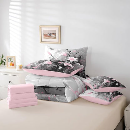 Feelyou Girls Lily Flower Comforter Set with Sheets Full Size 7 Pieces Kids Pink Floral Bedding Set for Boys Women Teens Simple Modern Abstract Art Bed in a Bag Room Decor