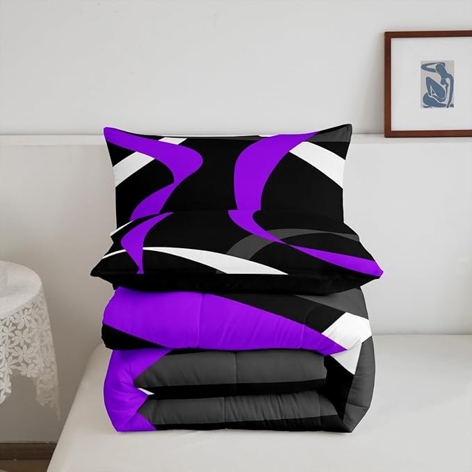 Erosebridal Grey Black Purple Bedding Comforter Sets Gray White Striped Abstract Bedding Set Twin for Girls Adults Men Women Geometric Stripes Down Comforter Modern Fashion Quilt Duvet