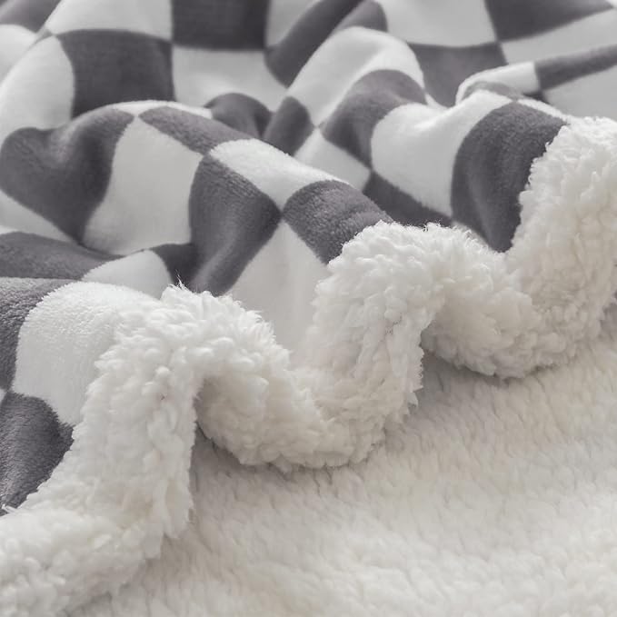 LOMAO Sherpa Throw Blanket Fleece Blanket with Checkered Pattern Soft Thick Blanket for Couch, Bed, Sofa Luxurious Warm and Cozy for All Seasons (Grey, 51"x63")