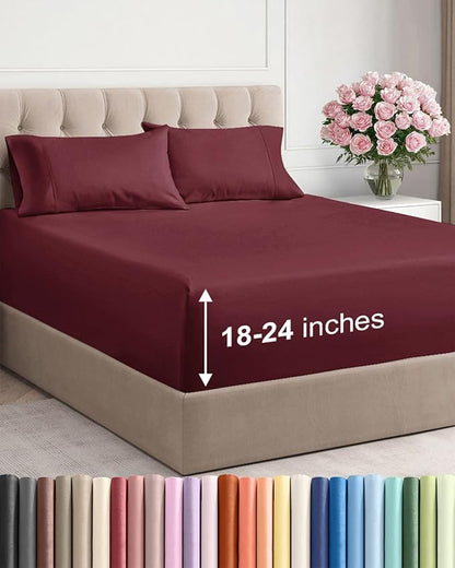 Extra Deep Twin XL Sheet Set - 4 Piece Breathable and Cooling Sheets - Hotel Luxury Bedding for Women, Men, Kids & Teens - Easy Secure Fit - Soft, Wrinkle Free & Comfy - Extra Deep Pockets - Burgundy