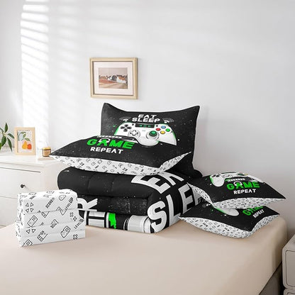 jejeloiu Eat Sleep Game 7 Piece Bedding Set King Size Cartoon Gamer Comforter Set with Sheets for Kids Boys Girls Modern Game Bed in a Bag Black Green Bed Set