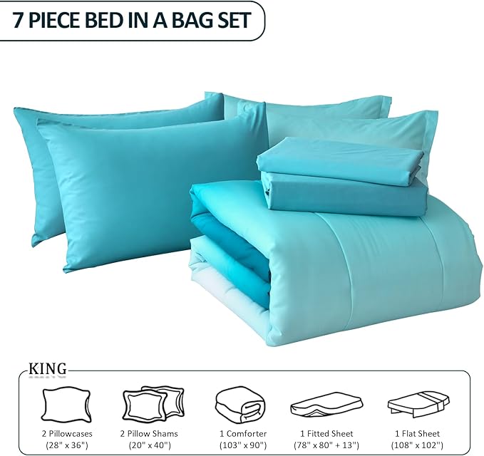 Anibedding 7 Pieces Teal King Comforter Set Lightweight Gradient Teal Green Bed in a Bag Set, All Season Ombre Complete Bedding Set with Flat/Fitted Sheet, 2 Pillowcases and 2 Pillow Shams