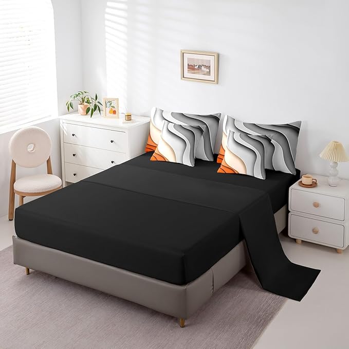 Grey Orange Gradient Bedding Queen Size 7-Piece Kids Teens Adults Geometric Stripe Comforter Set, Aesthetic Wave Bedding Comforter Sets Modern Abstract Bed in a Bag, Ombre Bedding Accessories