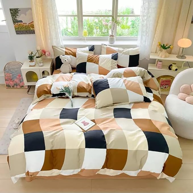 KAREVER Checkerd Comforter Set Full Multicolored Grid Bedding Men Women Modern Chic Checkered Bed Blanket White Black Plaid Buffalo Full All Season Hotel Quality