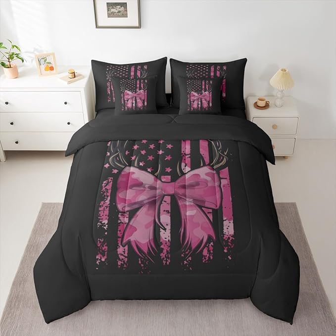 Erosebridal Bow King Comforter Set Deer 7-Piece Bed in A Bag Camouflage Antlers Bowknot American Flag Sheets and Pillowcases Black Pink Bed Sets
