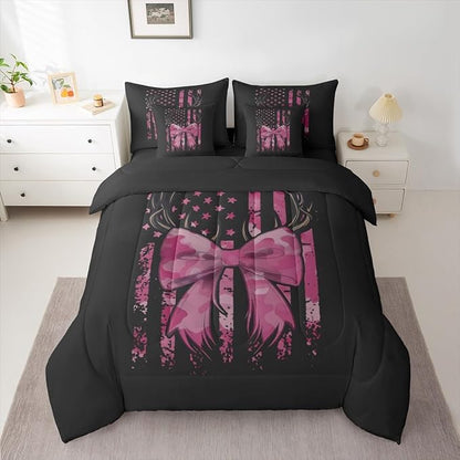 Erosebridal Bow King Comforter Set Deer 7-Piece Bed in A Bag Camouflage Antlers Bowknot American Flag Sheets and Pillowcases Black Pink Bed Sets