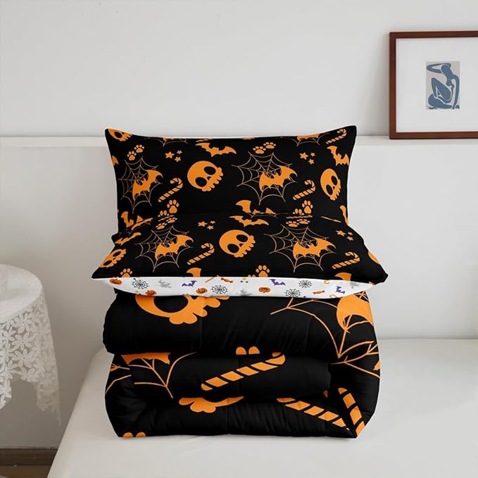 Erosebridal Cute Orange Halloween Toddler Comforter Spider Web Skull Bat Bedding Set Spooky Goth Gothic Animal Duvet Insert Horror Halloween Bed Sets for Kids Teens Adults