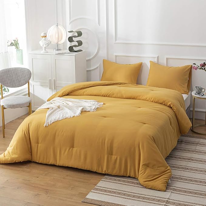Pureant Mustard Comforter Set King Dark Yellow Bedding Comforter Sets Solid Yellow King Comforter for Women Girls Soft Turmetric King Size Comforter Sets Solid Ginger Blanket Durable