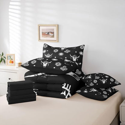 Erosebridal Western Bull Skull Bedding Set Queen Boho Aztec Comforter Set 7 Piece Vintage Tribal Exotic Ethnic Bed in A Bag for Kids Adults Bohemian Geometric Cactus Quilt with Flat Fitted Sheet