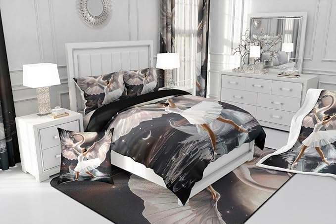 Manfei Ballet Girl Dancer Full Bedding Set for Adults,Elegant White Swan Dancing Comforter Set Bed Set KidsBedroom Decor,Dreamy Moon Night 3 Pieces Quilt Set,Ballet Lover Duvet Insert,2 Pillow Cases