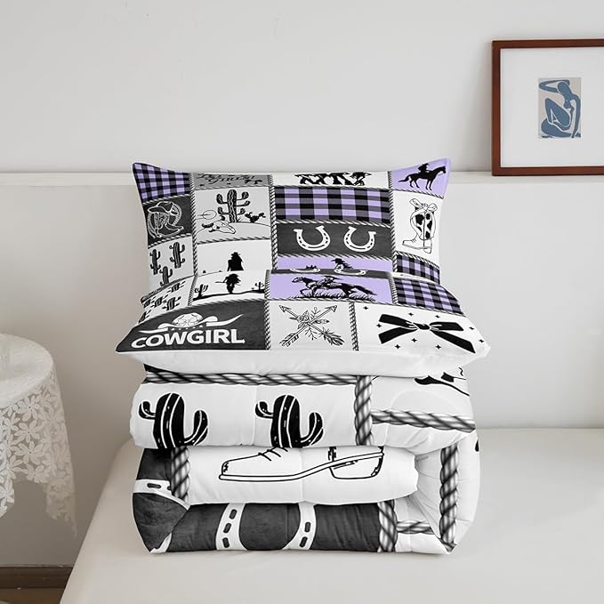 Western Cowgirl Bow Comforter Set Twin Size,Cactus Horseshoes Cowgirl Boot Bedding Set,Girls Women Room Decor,Cow Skull Geometric Plaids Patchwork Down Comforter,Rustic Duvet Insert,1 Pillowcase