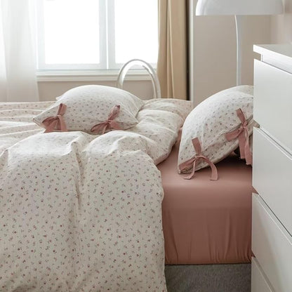 MKXI Garden Comforter Small Flowers Print Girls Pink Floral Twin XL Comforter Set White Soft Comforter Twin Pink Stripes Comforter with Cute Bow Pillowcases Youthful Aesthetic Bedding