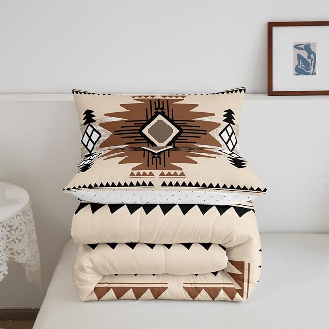 Feelyou Boho Comforter Set Toddler Size Southwest Native American Design Comforter Southwestern Geometric Bedding Set Western Decor Duvet Set Beige Brown Quilt Set