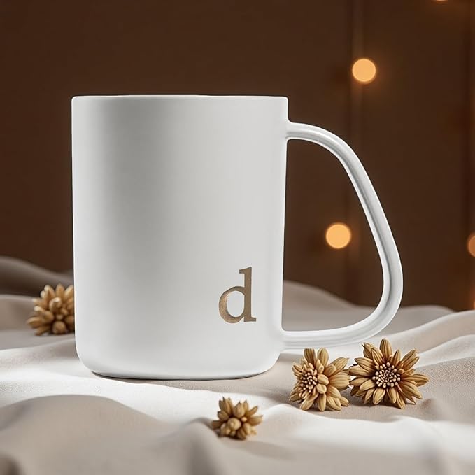 COLLECTIVE HOME - Ergonomic Handle Ceramic Mug, 15 oz Personalized Coffee Cup with Golden Initial, Microwave & Dishwasher Safe, Elegant Monogram Tea Mug in Gift Box for Home & Office (White-d)