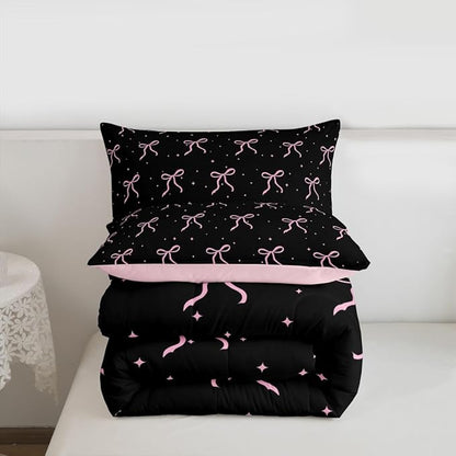 Erosebridal Girls Pink Bow Comforter Set Toddler Size Black Pink Coquette Bedding Set for Teen Girls Kids Women Bedroom Cute Girly Bows Comforter Preppy Ribbon Bowknot Quilt Duvet