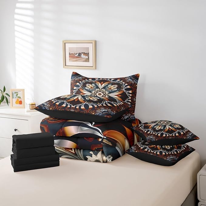 Scarlet Art Deco Bed in a Bag Oriental King Bedding Sets, Vintage Floral Comforter Set Boho Mandala Bedding Comforter Sets 7pcs, Retro Tribal Pattern Bedding Sets & Collections Aesthetic Bedroom Decor