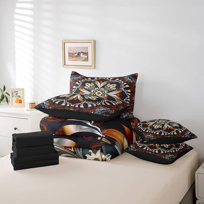 Scarlet Art Deco Bed in a Bag Oriental King Bedding Sets, Vintage Floral Comforter Set Boho Mandala Bedding Comforter Sets 7pcs, Retro Tribal Pattern Bedding Sets & Collections Aesthetic Bedroom Decor