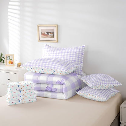 Feelyou Purple Bow Comforter Set with Sheets Twin Size Kids Bowknot Pliad 7 Pieces Bedding Set for Boys Girls Teens Gift for Girls Women Grid Bed in a Bag Breathable Princess Décor Bed Set