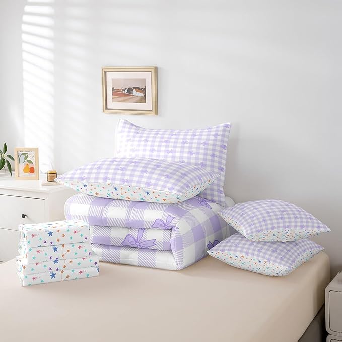 Feelyou Purple Bow Comforter Set with Sheets Queen Size Kids Bowknot Pliad 7 Pieces Bedding Set for Boys Girls Teens Gift for Girls Women Grid Bed in a Bag Breathable Princess Décor Bed Set