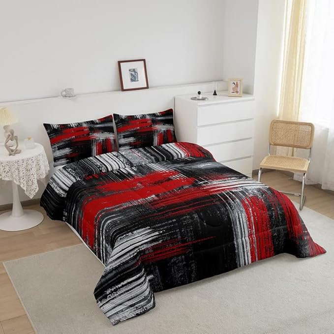Red Black and Grey Comforter Geometric Artistic Smear Comforter Set Abstract Graffiti Art Bedding Set Contemporary Modern Brush Design Duvet Set Room Decor Quilt Set Full Size