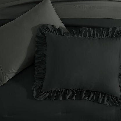 Full Comforter Set Black, Ruffle Shabby Chic Bedding Set Farmhouse 7 Pieces, All Season Fluffy Bed in a Bag with Sheets, Pillowcases & Shams