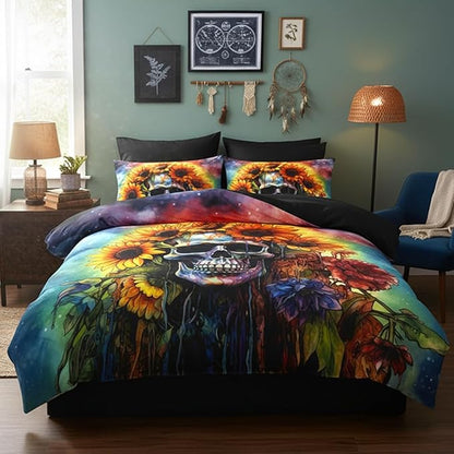 Gothic Skull Comforter Set Twin Size, Boho Hippie Sunflower Bedding Set for Colorful Tie-dye Bedroom Decor, 3Pcs Soft Microfiber Set, 68 * 86