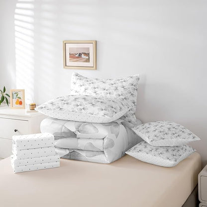 Feelyou Grey Bow Comforter Set with Sheets Twin Size Kids Bowknot 7 Pieces Bedding Set for Boys Girls Teens Gift for Girls Women Bed in a Bag Breathable Princess Décor Bed Set