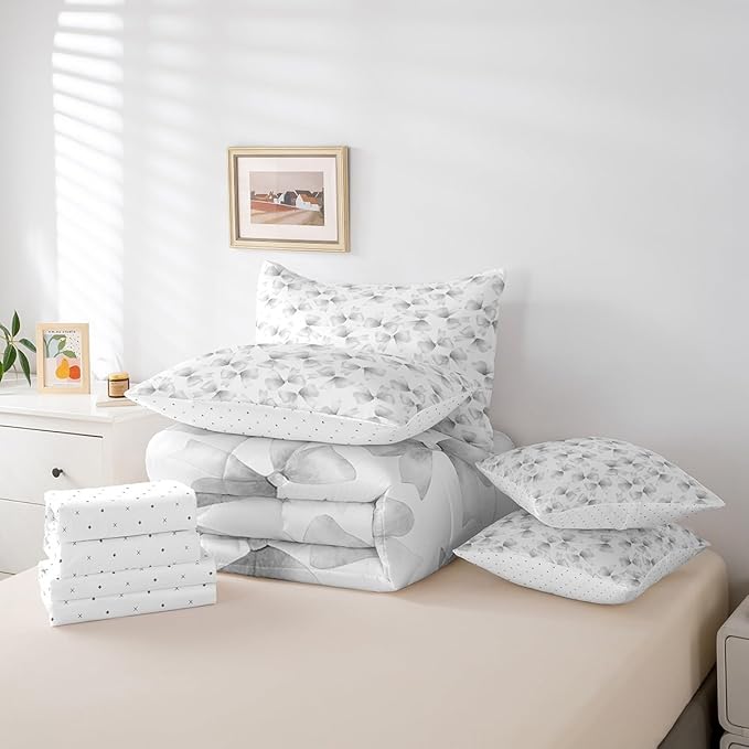Feelyou Grey Bow Comforter Set with Sheets Queen Size Kids Bowknot 7 Pieces Bedding Set for Boys Girls Teens Gift for Girls Women Bed in a Bag Breathable Princess Décor Bed Set