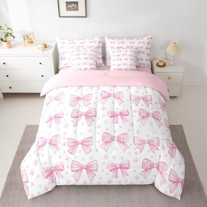 Erosebridal Starry Cute Pink Bowknot Girls King 7-Piece Comforter Set | Bow Girly Stripe Kawaii Sheets and Pillowcases Plaid Checkered Bed in A Bag White Ribbon Kids Women Bed Sets