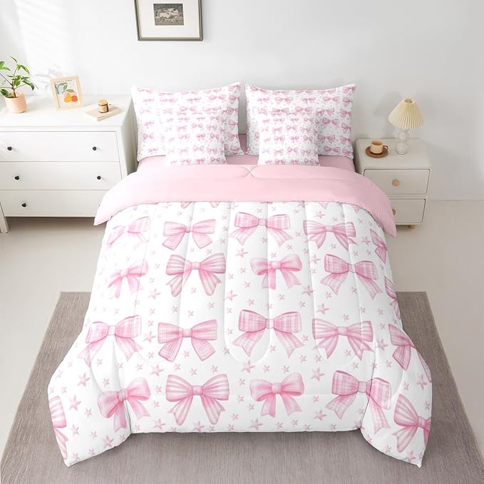 Erosebridal Starry Cute Pink Bowknot Girls Full Comforter Set 7 Pieces | Bow Girly Stripe Kawaii Bed in A Bag for Bedroom Plaid Checkered Bedding Set with Comforters White Ribbon Kids Women Room Decor