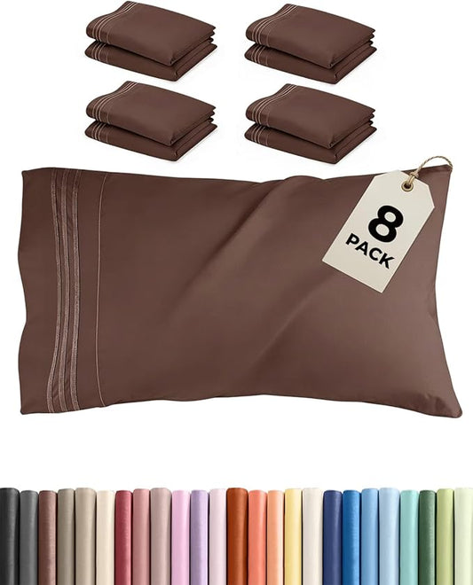 King Pillow Cases Set of 8 - Ultra Soft Hotel Quality Pillowcase Covers - Comfy & Wrinkle Free - Shrink, Stain and Fade Resistant - Easy-Care, Machine Washable Pillow Protectors - 8 Piece Set - Brown