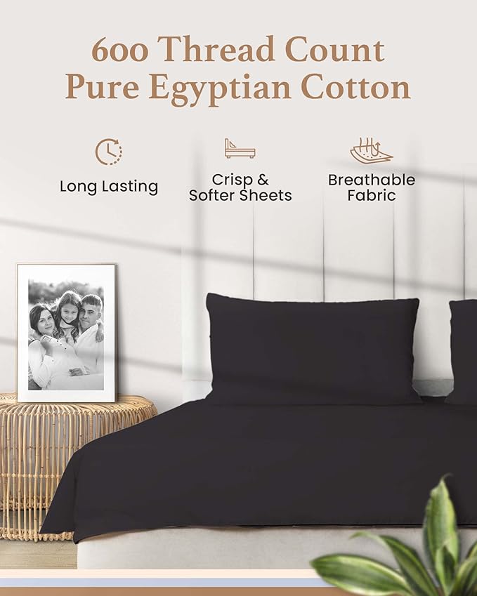 Olympic Queen Sheets Set, 100% Egyptian Cotton, Luxury 600 Thread Count, 4 Pc Super Queen Sheets Sets, Soft & Breathable, Snug Fit, 16" Deep Pocket Fitted Sheet, 2 Pillowcases & 1 Flat Sheet,Dark Gray