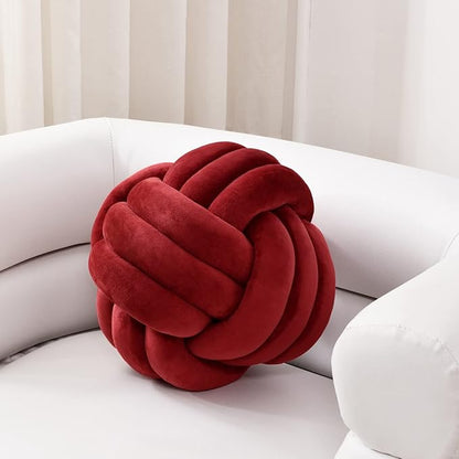 Sioloc Soft Knot Ball Pillows,Round Throw Pillow Cushion Home Decoration Plush Pillow,Throw Knotted Pillow Handmade Round Plush Pillow（13.7inches,Burgundy）
