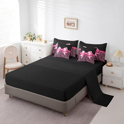 Feelyou Pink Bowknot 7 Piece Bedding Set King Size Glitter Print Comforter Set with Sheets for Kids Girls Adult Cute Bowknot Bed in a Bag Black Silver Bed Set