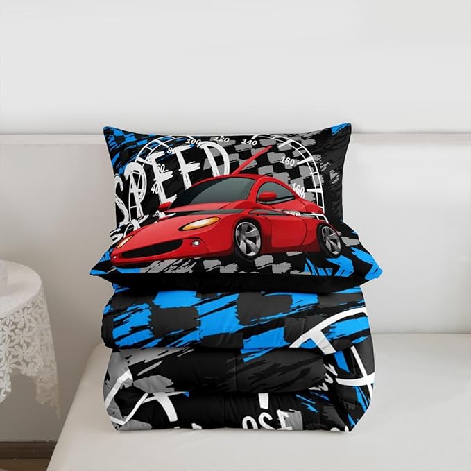 Feelyou Boys Race Car Bedding Set Cool Race Sports Car Set Comforter Set for Kids Boys Sports Theme Duvet Set Checkered Comforter Red 1 Comforter Set with 2 Pillowcases Queen Size