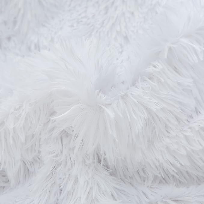 Flysheep Luxury Faux Fur Twin Size Winter Comforter Set Shaggy Velvet Pure White Long Hair, 3 Pieces Plush Flannel Sherpa Backing Reversible Soft Microfiber Super Warm Bedding Set for Holiday
