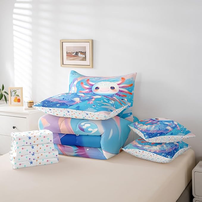 Feelyou Cartoon Salamander Twin Comforter Set with Sheets for Kids Boys Girls Cute Axolotl 7 Pieces Bedding Set Kawaii Ocean Sealife Bed in a Bag Gift for Girls Women Room Lightweight Microfiber
