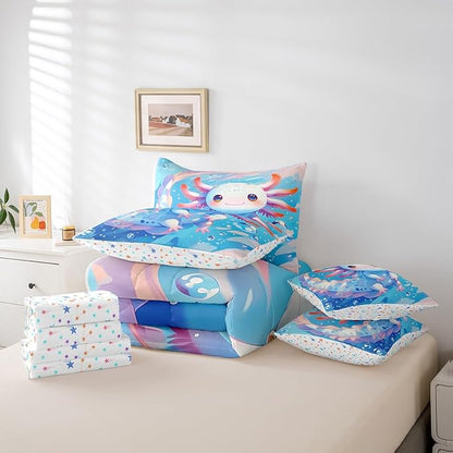 Feelyou Cartoon Salamander Twin Comforter Set with Sheets for Kids Boys Girls Cute Axolotl 7 Pieces Bedding Set Kawaii Ocean Sealife Bed in a Bag Gift for Girls Women Room Lightweight Microfiber