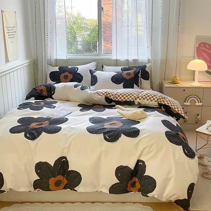 CLOTHKNOW Black Floral King Size Comforter Set 3Pcs Sunflower Bedding Comforter Sets Pumpkin Grid Comforter Boho Comforter with 2 x Pillow Cases