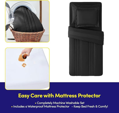 Twin XL Comforter Set College Dorm Bedding Bundle (Twin XL) – Dorm Upgrade with Comforter, Mattress Protector, Sheet Set & Pillow Sham — Stylish Quilted Stripe for Students & Shared Rooms, Black