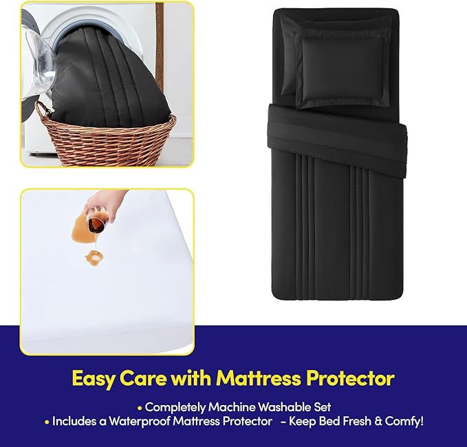 Twin Size Comforter Set Quilted Stripe Bedding Bundle – Stylish Set with Comforter, Mattress Protector, Sheet Set & Pillow Shams — Sophisticated Striped Design for Home & Guest Rooms, Black