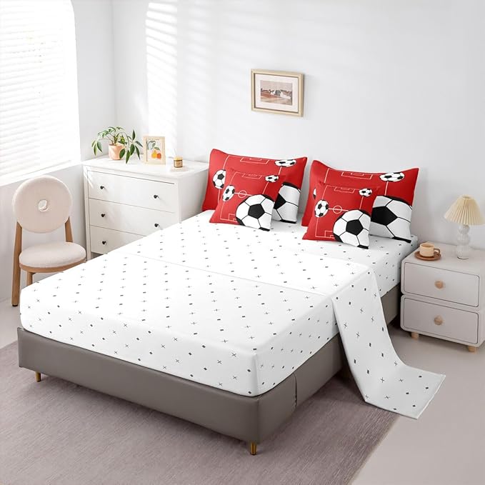 Erosebridal Sports Theme 7 Piece Bedding Set Full Football Comforter Set with Sheets Football Court Soccer Ball Pattern Bed in a Bag Boys Playground Red White for Kids Boys Girls