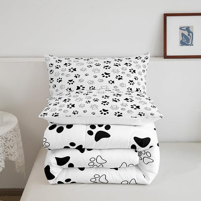 Manfei Dog Paw Print Comforter Set Full Size, White and Black Animal Footprint Down Comforter, Animal Theme Bedding Set for Kids Boys Girls Room Decor, Lightweight Duvet Insert,2 Pillowcases