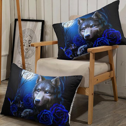 Wolf Comforter Set Queen Size, Western Blue Floral Microfiber Bedding Set, Farmhouse Rose Moon Night Bedroom Decor for Adult Women, 90"x90"