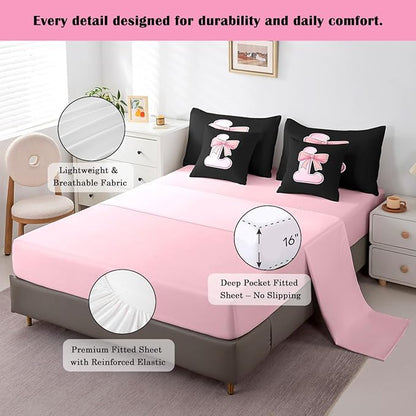 jejeloiu Kawaii Pink Bow Queen Comforter Set with Sheets,Gifts for Women Teen Girl,Personalized Initial Letter L 7 Piece Bedding Set,Soft Monogrammed Bed in a Bag with Comforter,Sheets,Pillowcases