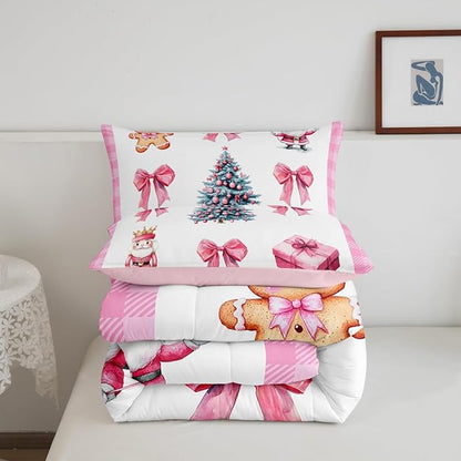 Erosebridal Christmas Tree Bedding Comforter Sets Pink Xmas Bowknot Bedding Set King for Kids Girls Teen,Cute Santa Claus Gingerbread Man Comforter Set Kawaii Grid Plaid Quilt Duvet