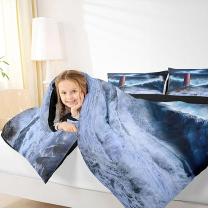 Erosebridal Lighthouse Comforter Set Twin Nautical Duvet Set Surfing Ocean Wave Quilt Set Coastal Nature Theme Quilted Duvet for Kids Boys Girls Teens Bedroom Living Room Decorative, Blue