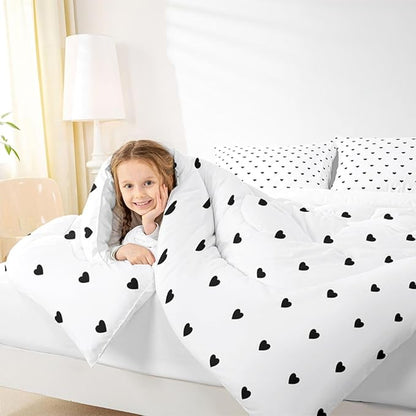 Erosebridal White Black Comforter Set Cute Heart Pattern Bedding Set Girly Cartoon Love Geometric Down Comforter Queen Size Cute Quilt Set for Kids Girls Boys Teens Bedroom Decor Soft Duvet Set