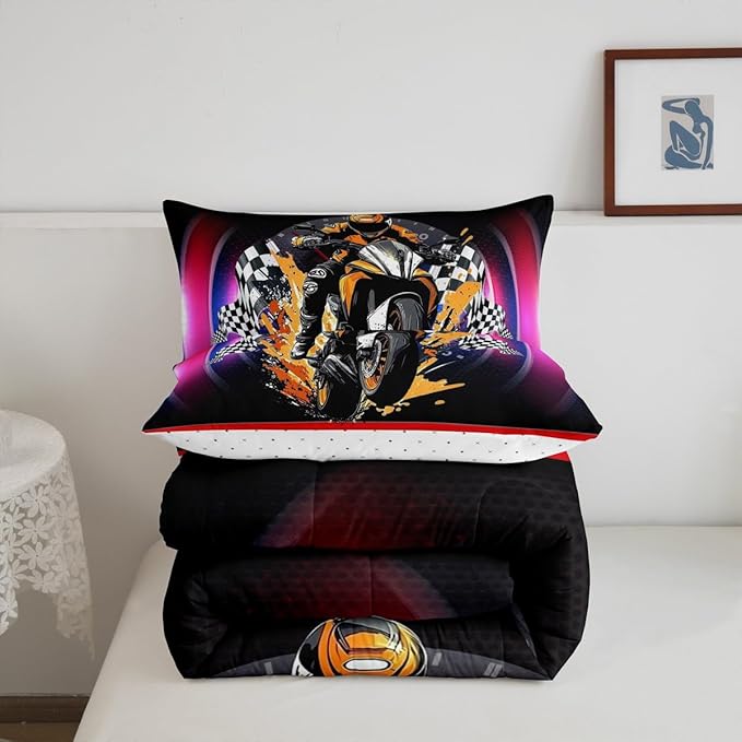 Feelyou Dirt Bike Comforter Set Queen Size Flag Comforter Racing Motocross Rider Bedding Set Extreme Sports Duvet Set Room Decor Black Purple Quilt Set